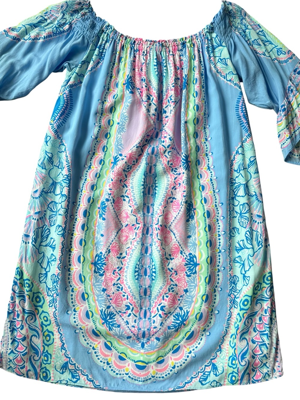 Lilly Pulitzer Fawna Dress off-the-shoulder neckline blue Seaside Shindig Sz M